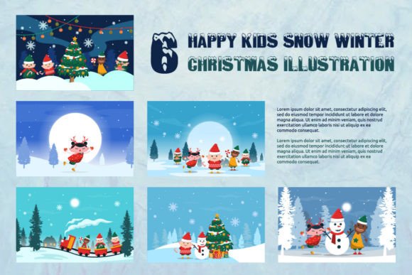 6 Happy Kids Snow Winter Christmas Illustrations