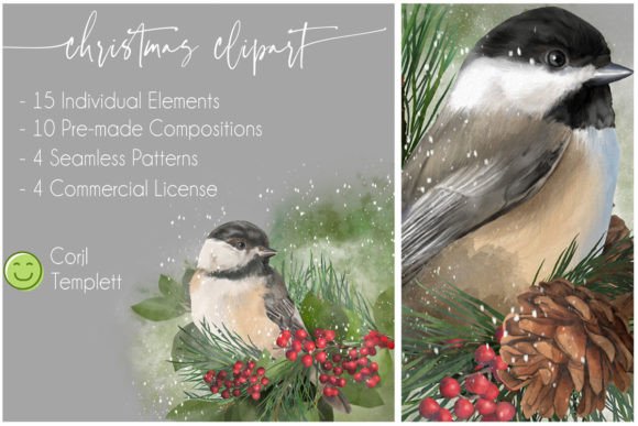 Chickadee Christmas Digital Watercolor Illustration