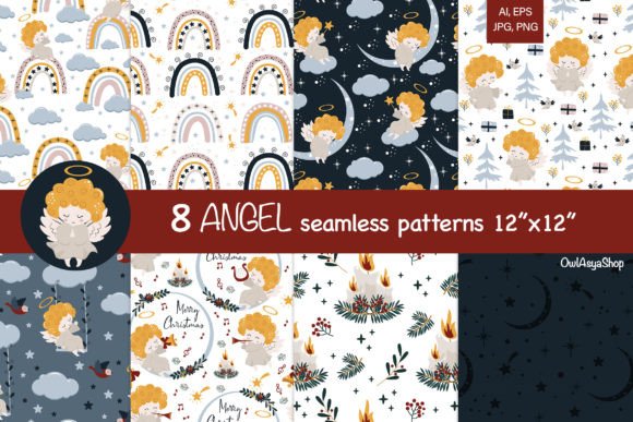 Christmas Angels Seamless Patterns Illustrations
