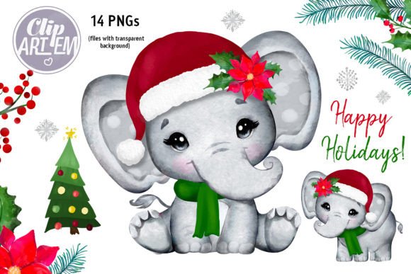 Christmas Bundle Elephant Girl 14 PNGs for Branding and Packaging