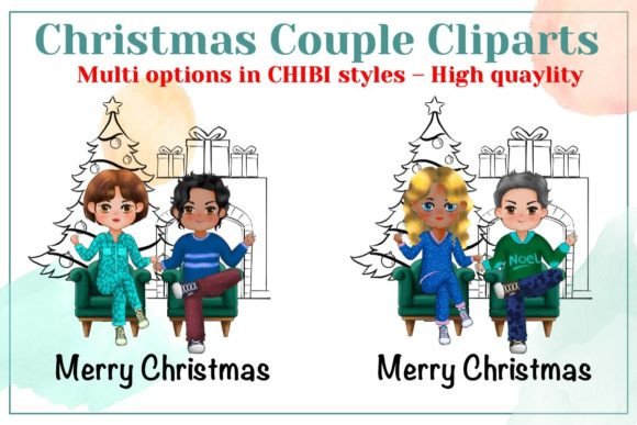 Christmas Chibi Couple Friends Clipart for Illustrations