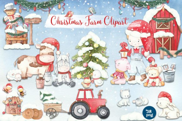 Christmas Farm Clipart, Animal Christmas Illustrations