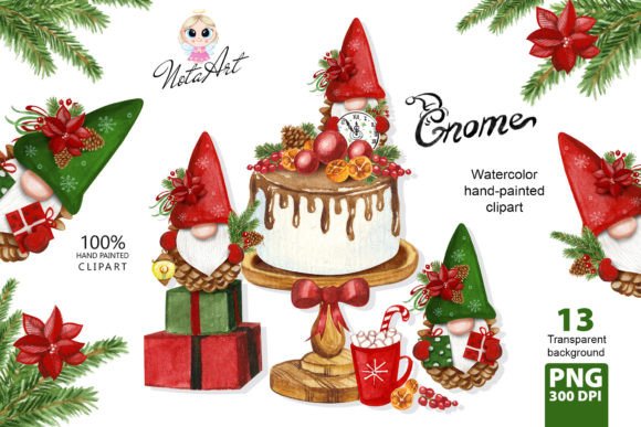 Christmas Gnomes with Cake and Gifts Illustrations