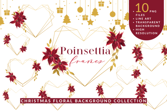 Christmas Poinsettia Golden Heart Frames Illustrations